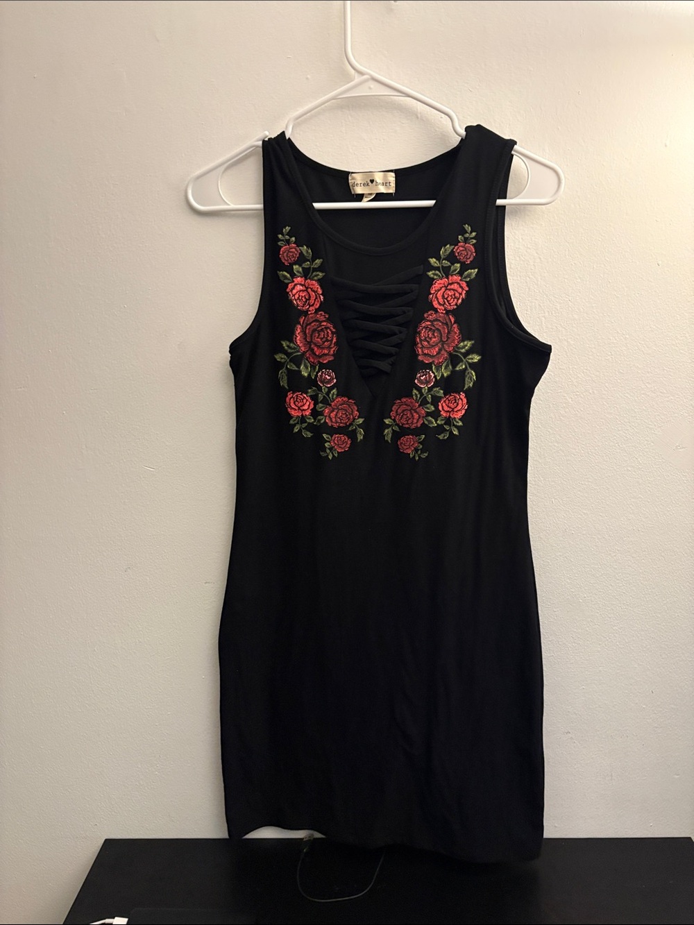 Derek Heart Black High Low Dress with Red Rose Embroidery